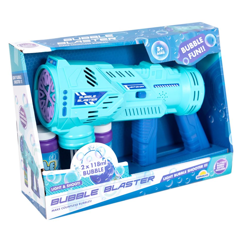Pistol de facut baloane cu lumini si sunete, Bubble Blaster, Albastru, 236 ml