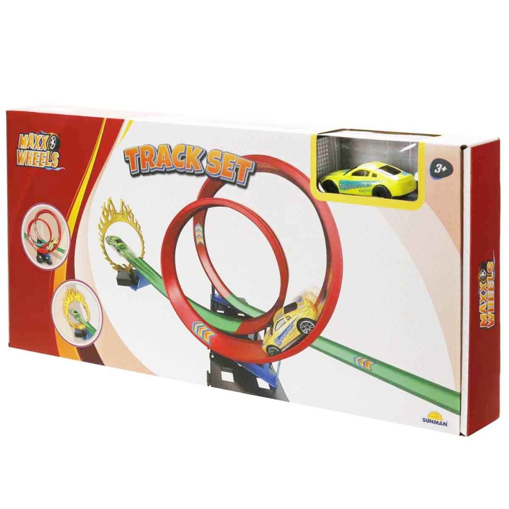 Set de joaca cu masinuta, Maxx Wheels, Track Racing, Galben