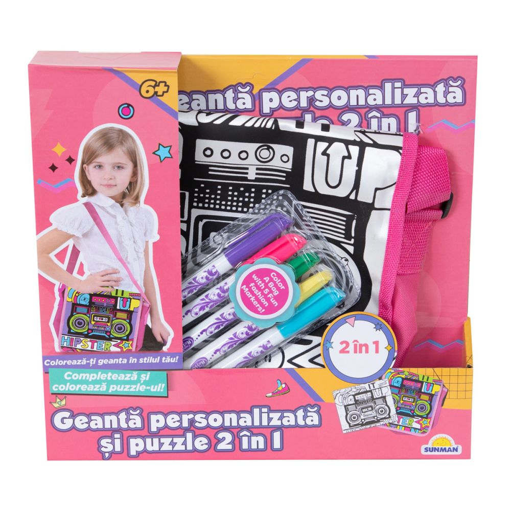 Geanta personalizata si puzzle 2 in 1, Pretty Pinky, Hipster