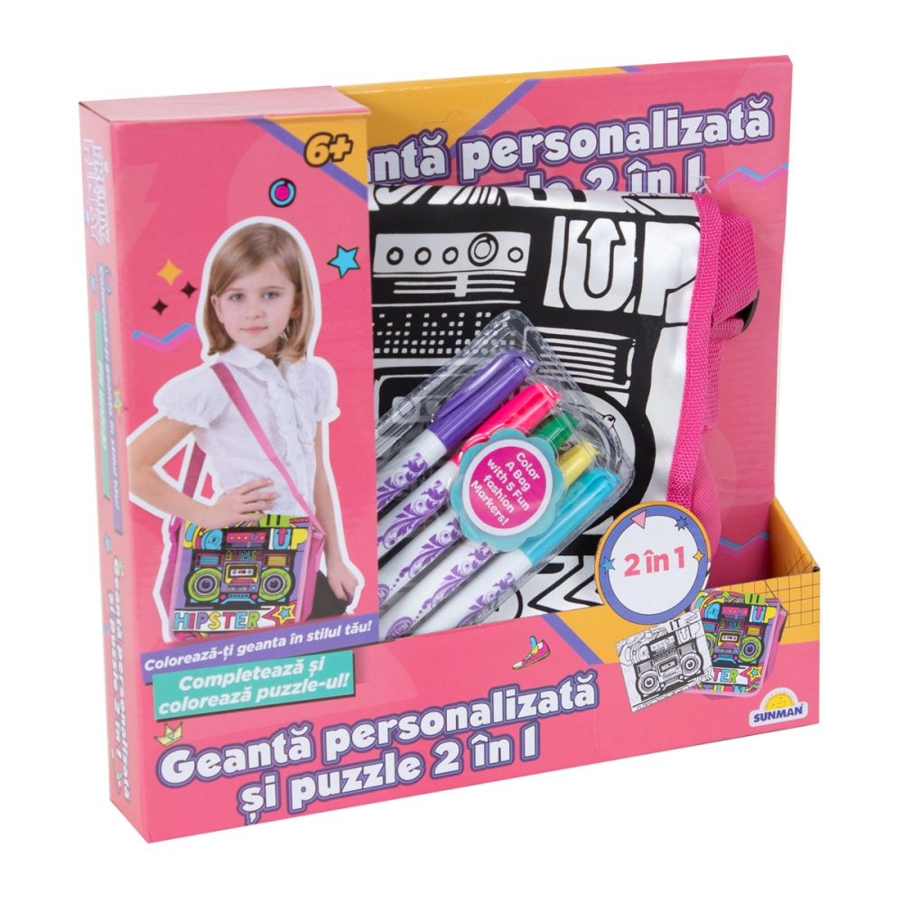 Geanta personalizata si puzzle 2 in 1, Pretty Pinky, Hipster