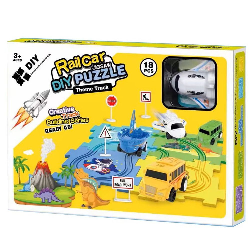 Set de joaca vehicul si circuit tip puzzle, Rail Car Diy Puzzle, 18 piese