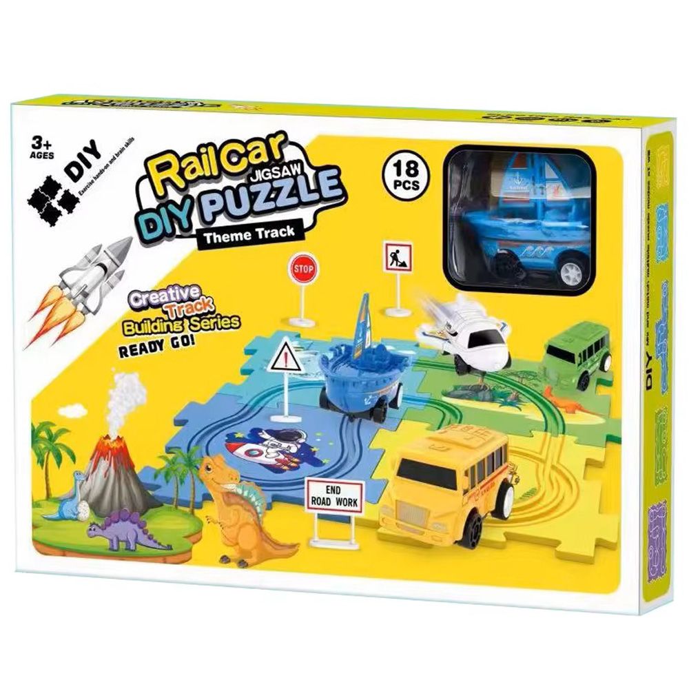 Set de joaca vehicul si circuit tip puzzle, Rail Car Diy Puzzle, 18 piese