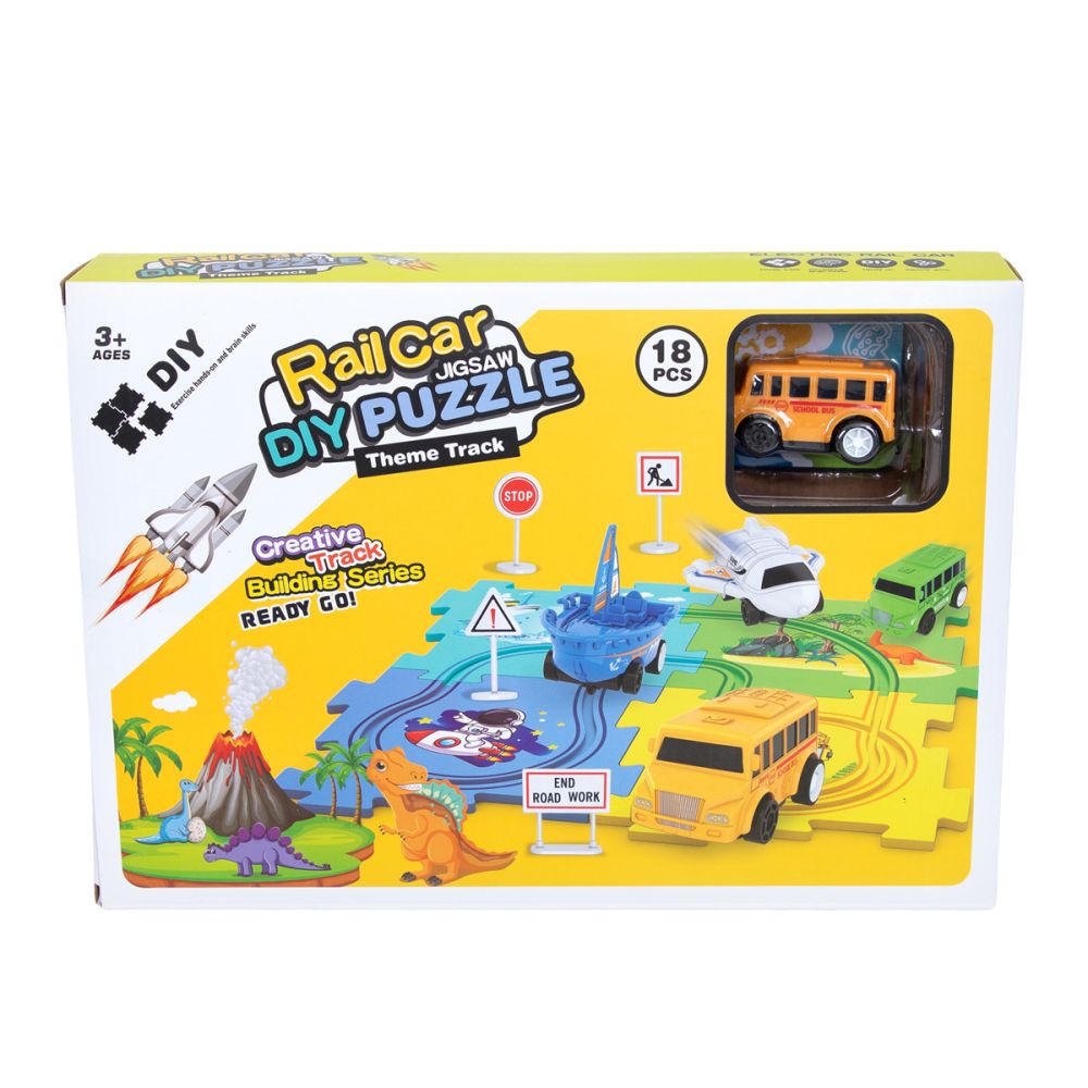 Set de joaca vehicul si circuit tip puzzle, Rail Car Diy Puzzle, 18 piese