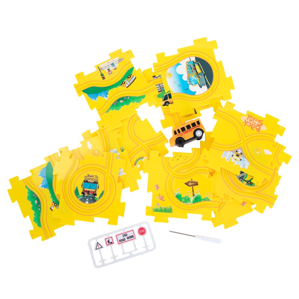 Set de joaca vehicul si circuit tip puzzle, Rail Car Diy Puzzle, 18 piese