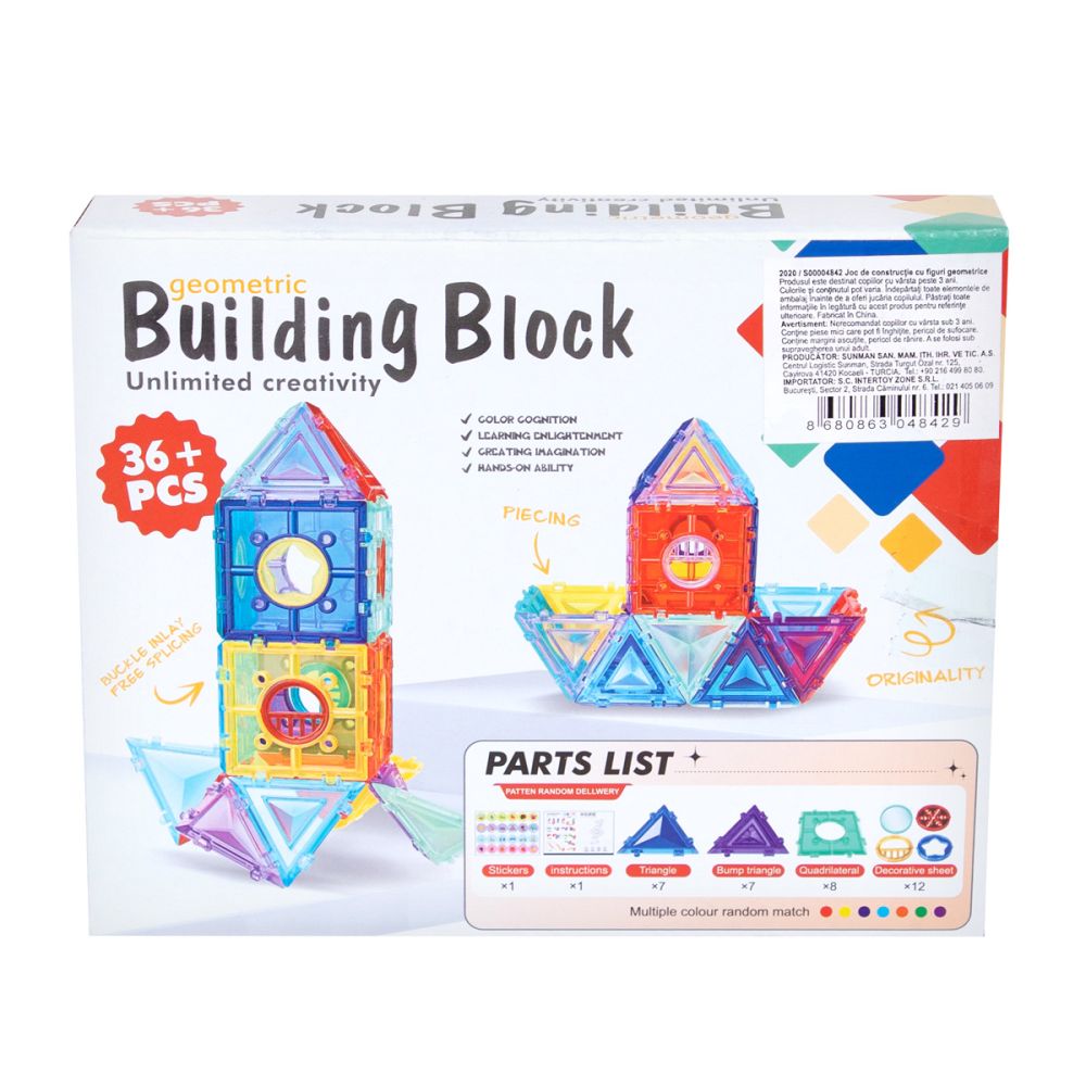 Joc constructie cu figuri geometrice, Building Block, 36 piese