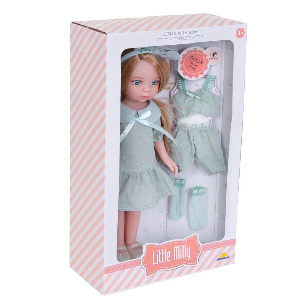 Papusa cu tinuta de schimb, Little Milly, Turcoaz, 33 cm