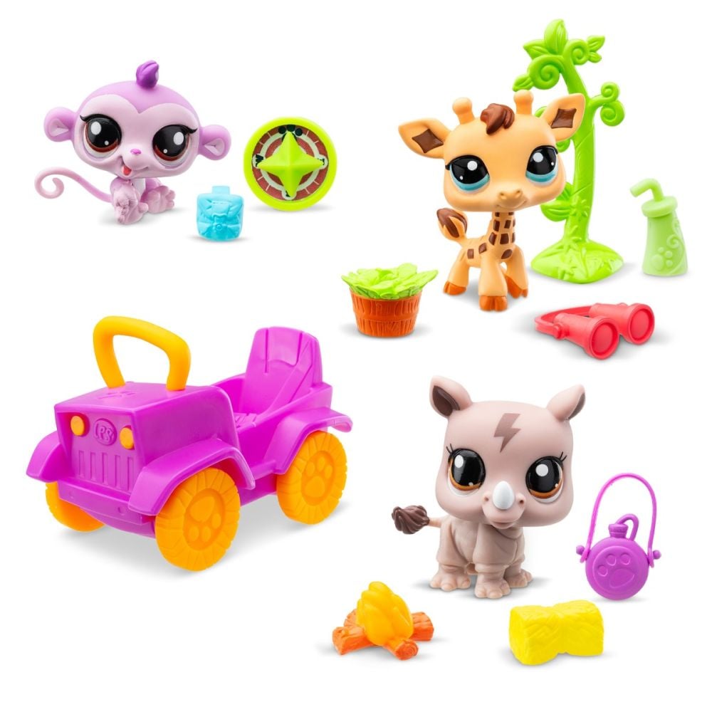 Set de joaca cu 3 figurine, Littlest Pet Shop, Safari