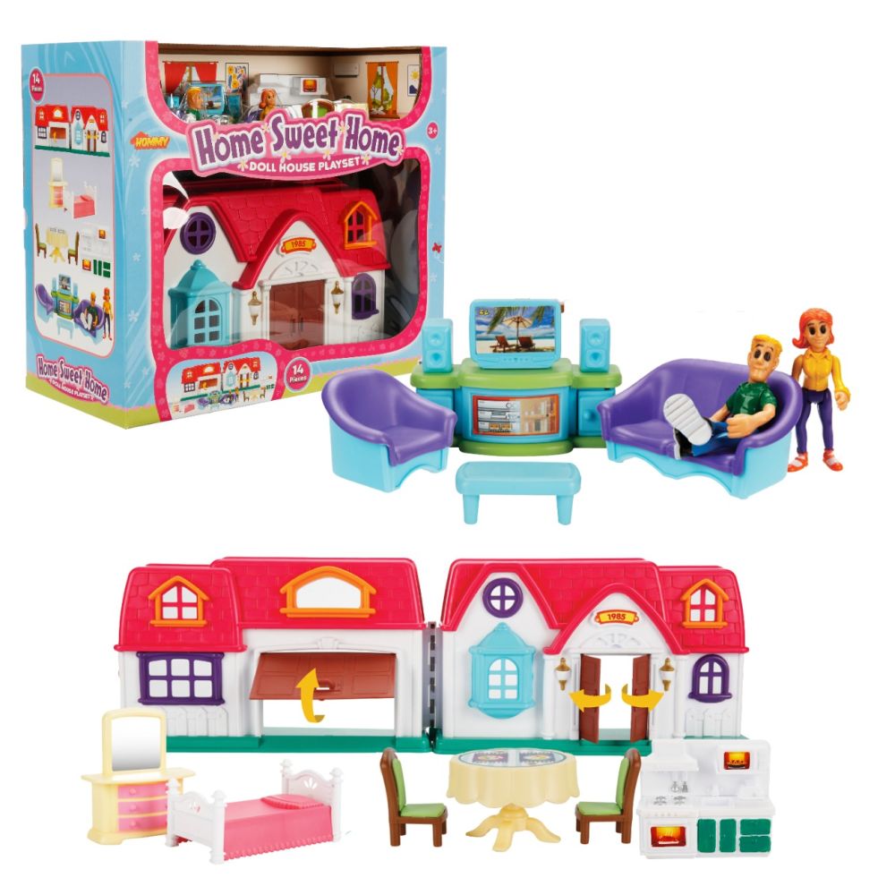 Set de joaca casuta si 2 figurine, Hommy, Home Sweet Home, 14 piese