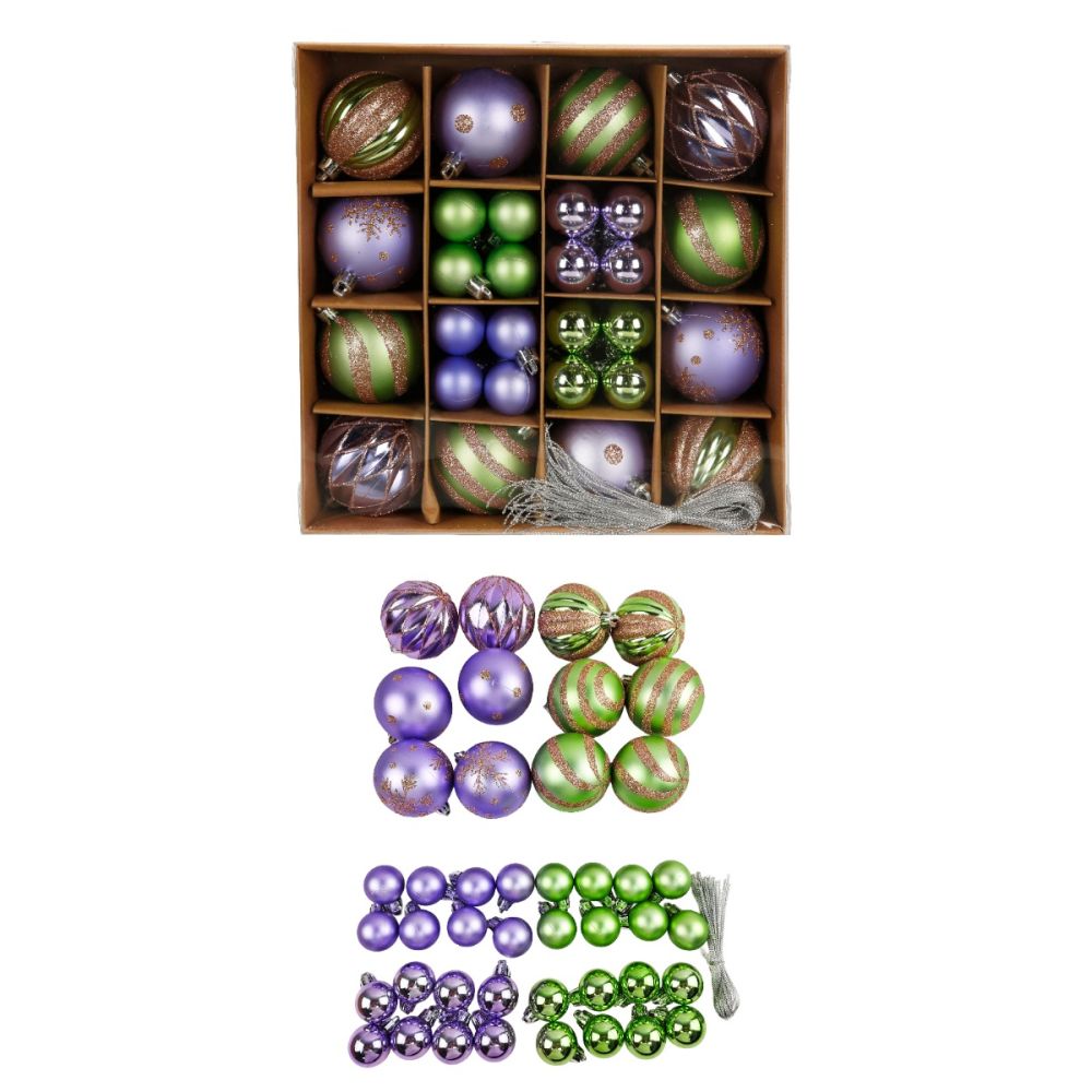 Set globuri de Craciun, Alska, Verde-Mov, 44 bucati