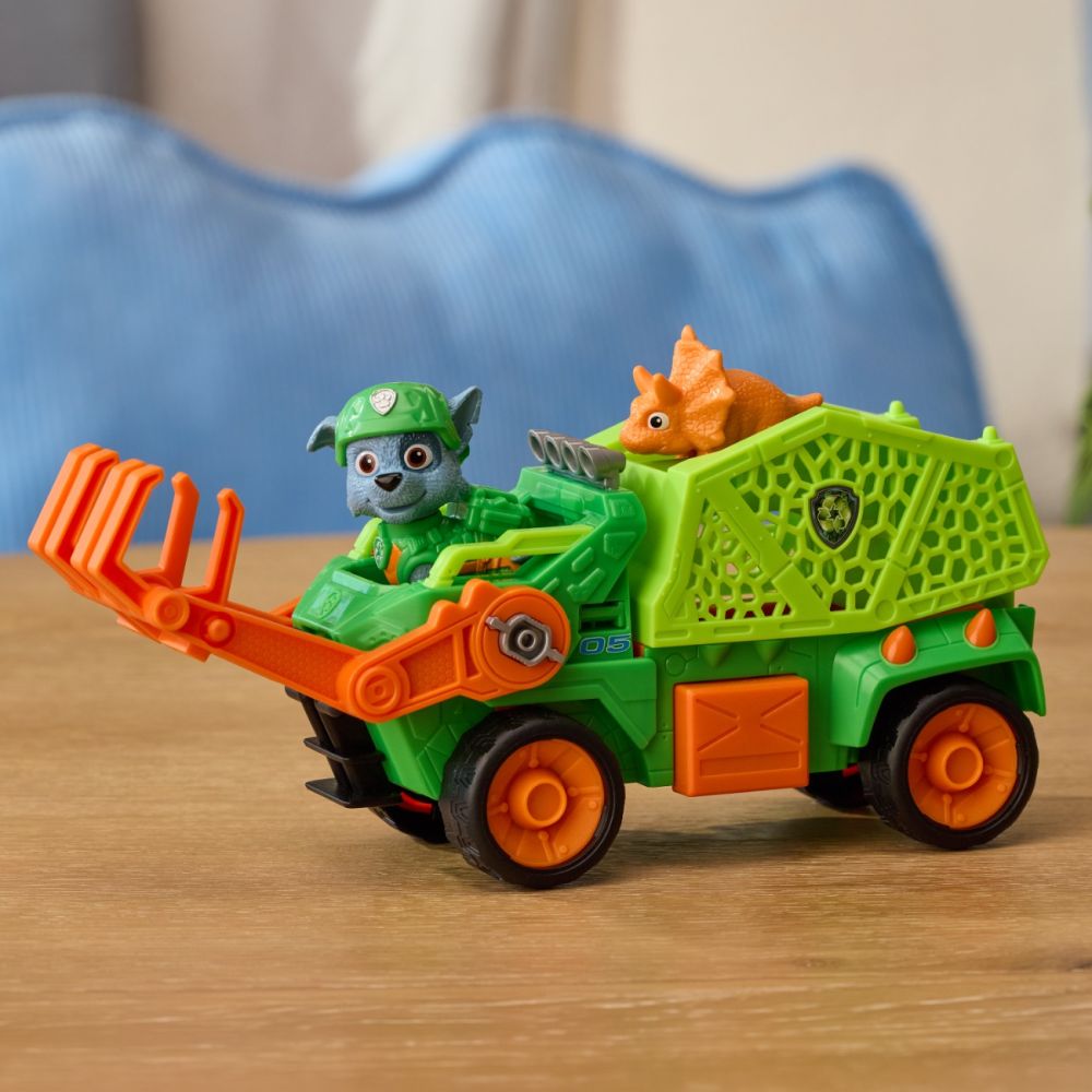 Vehicul de salvare cu figurina, Paw Patrol, Dino Rescue Recycler, Rocky, 6075772
