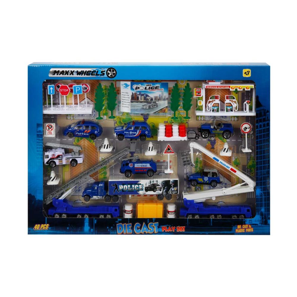 Set de joaca cu vehicule, Maxx Wheels, Politie, 40 piese, 1:87