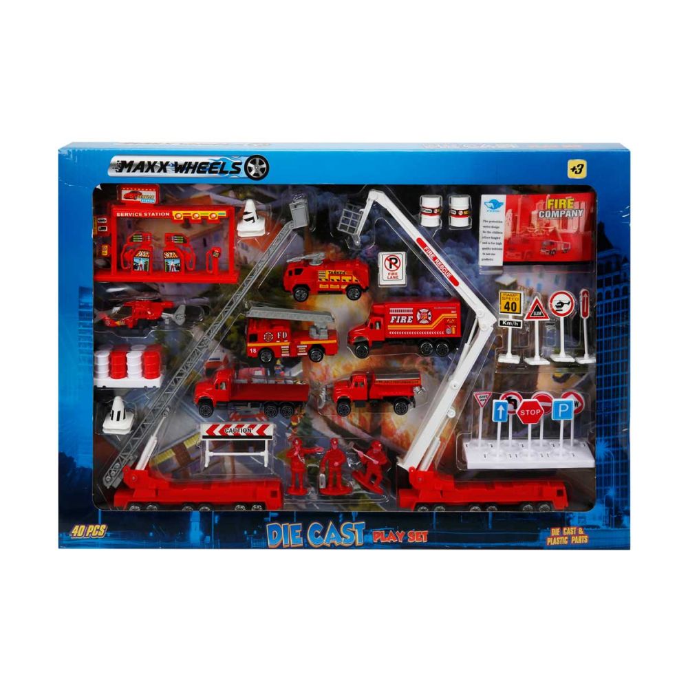 Set de joaca cu vehicule, Maxx Wheels, Pompieri, 40 piese, 1:87