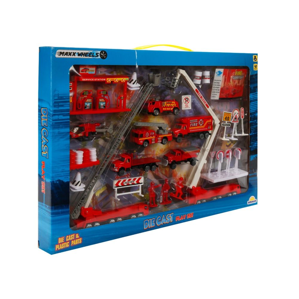 Set de joaca cu vehicule, Maxx Wheels, Pompieri, 40 piese, 1:87