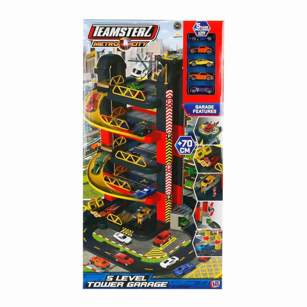 Set de joaca Teamsterz, Metro City, Garaj cu 5 etaje si 5 masinute, 70 cm
