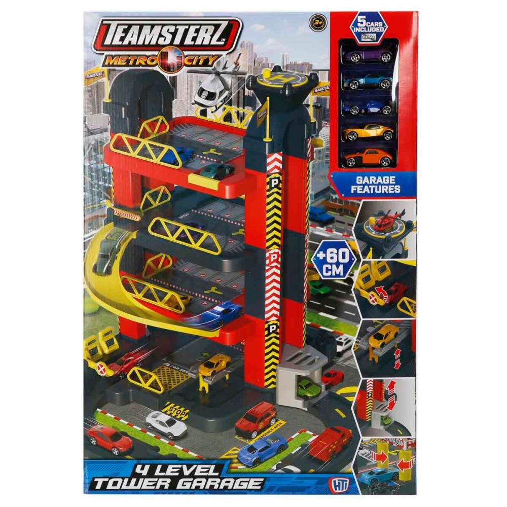 Set de joaca Teamsterz, Metro City, Garaj cu 4 etaje si 5 masinute, 60 cm