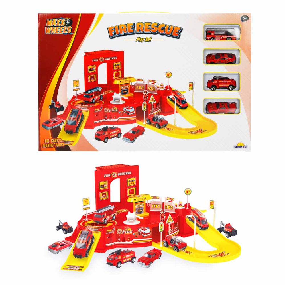 Set de joaca cu statie de pompieri si 4 vehicule, Maxx Wheels