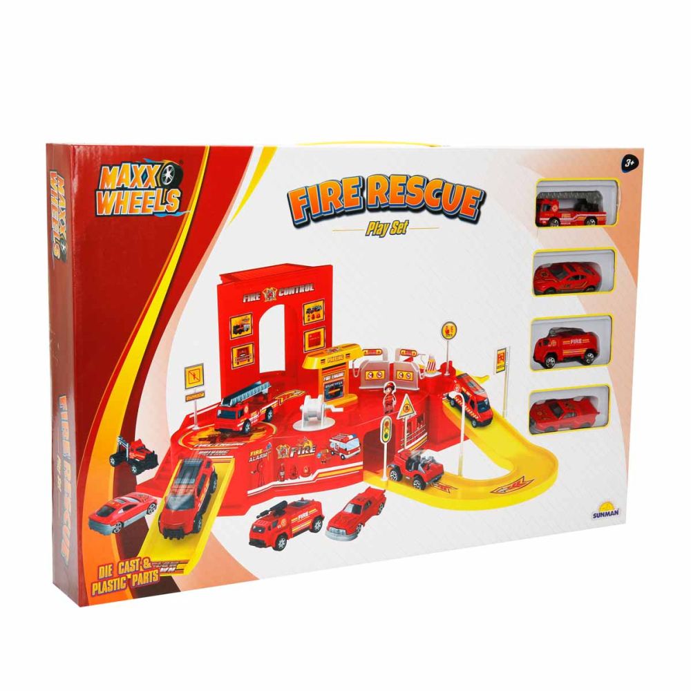Set de joaca cu statie de pompieri si 4 vehicule, Maxx Wheels