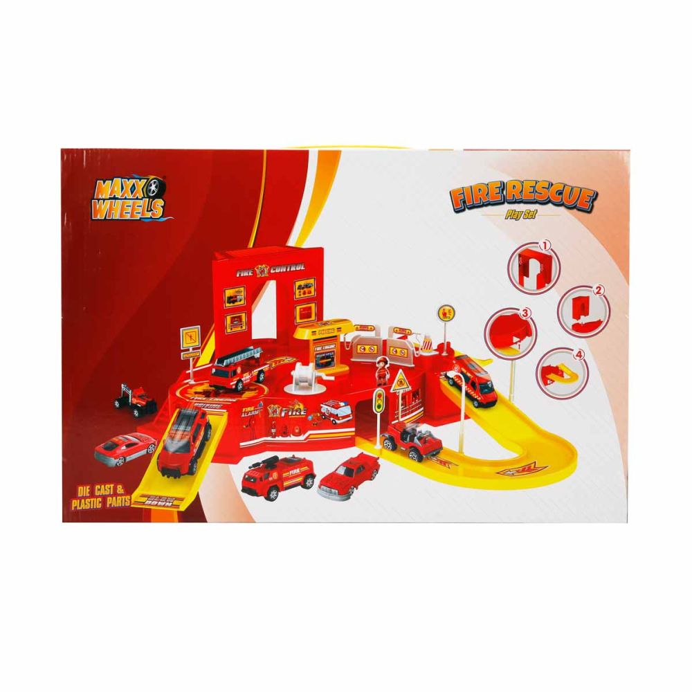 Set de joaca cu statie de pompieri si 4 vehicule, Maxx Wheels