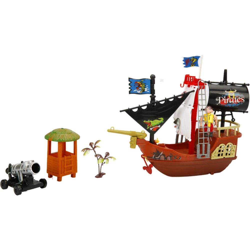 Set cu 3 figurine si nava piratilor cu tun gri, Red Beard
