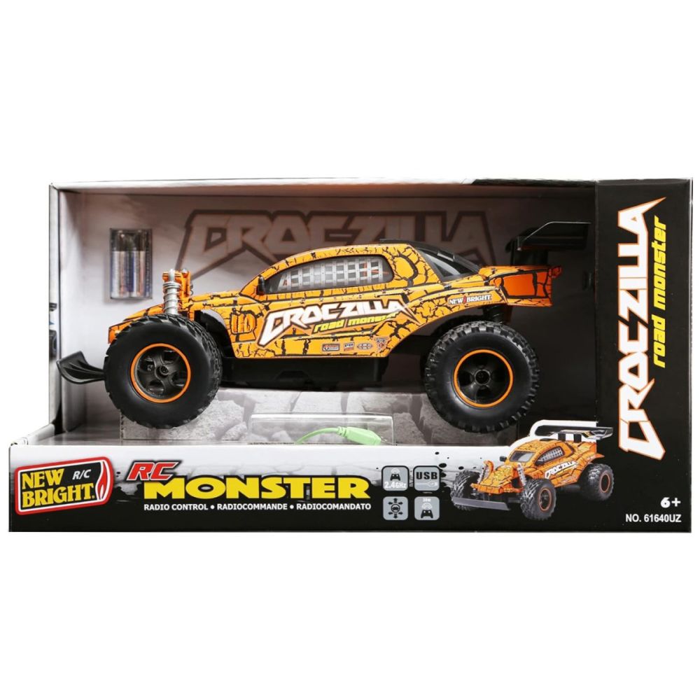 Masina cu telecomanda, New Bright, Road Monster, CrocZilla, 1:16, Portocaliu