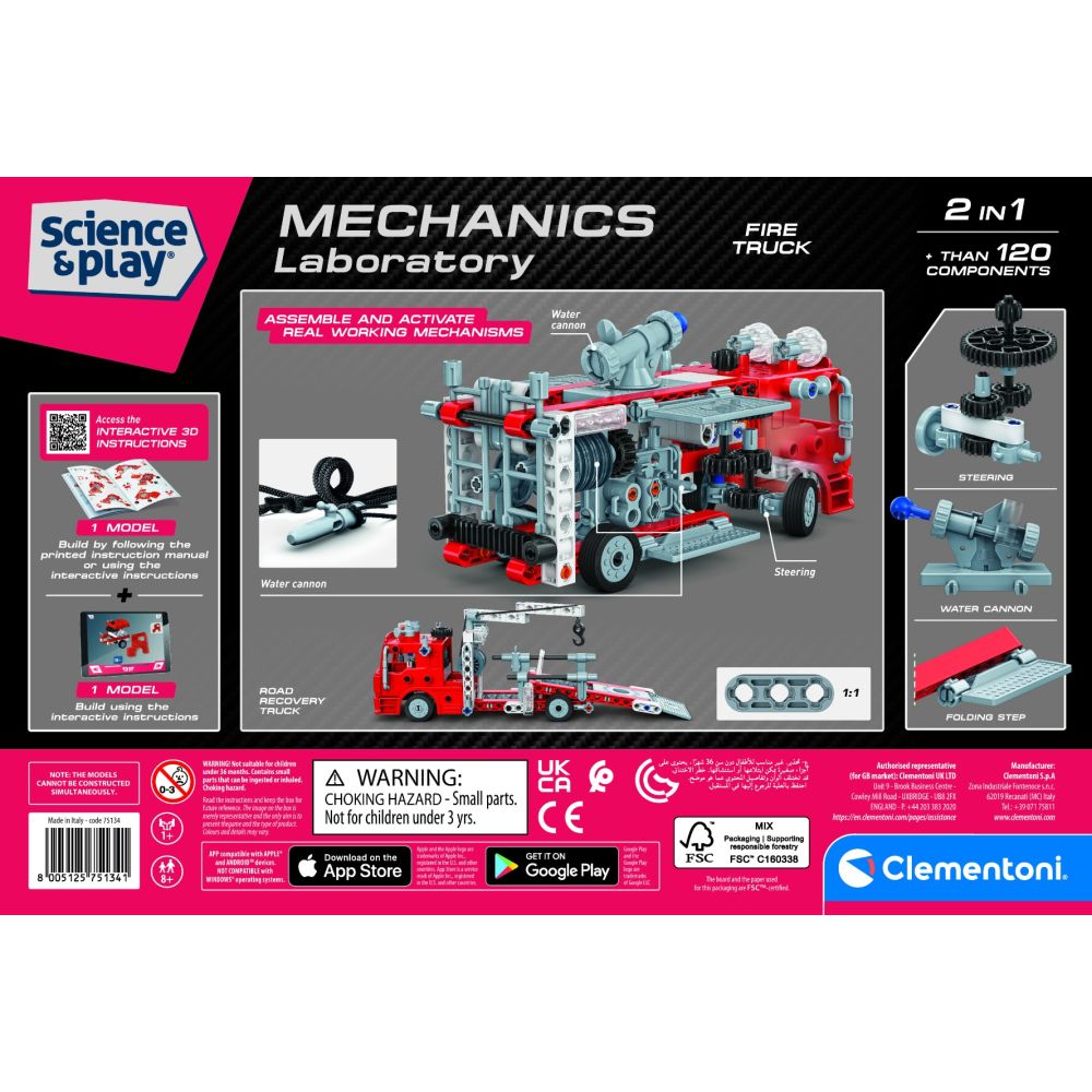 Kit de constructie, Clementoni, Science & Play, Masina de pompieri, 120 piese