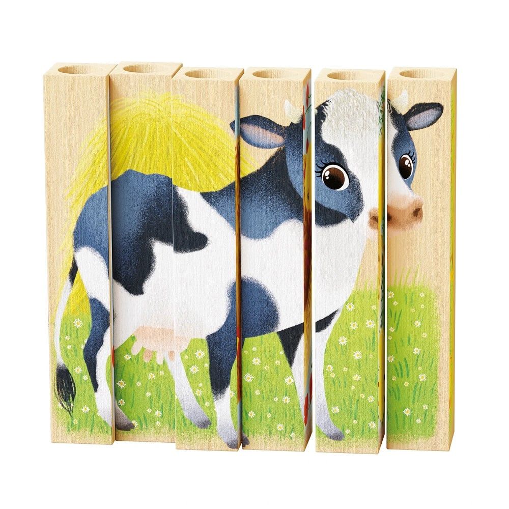 Puzzle din lemn 4 In 1, Quercetti, Animale Ferma, Play Bio, 6 piese