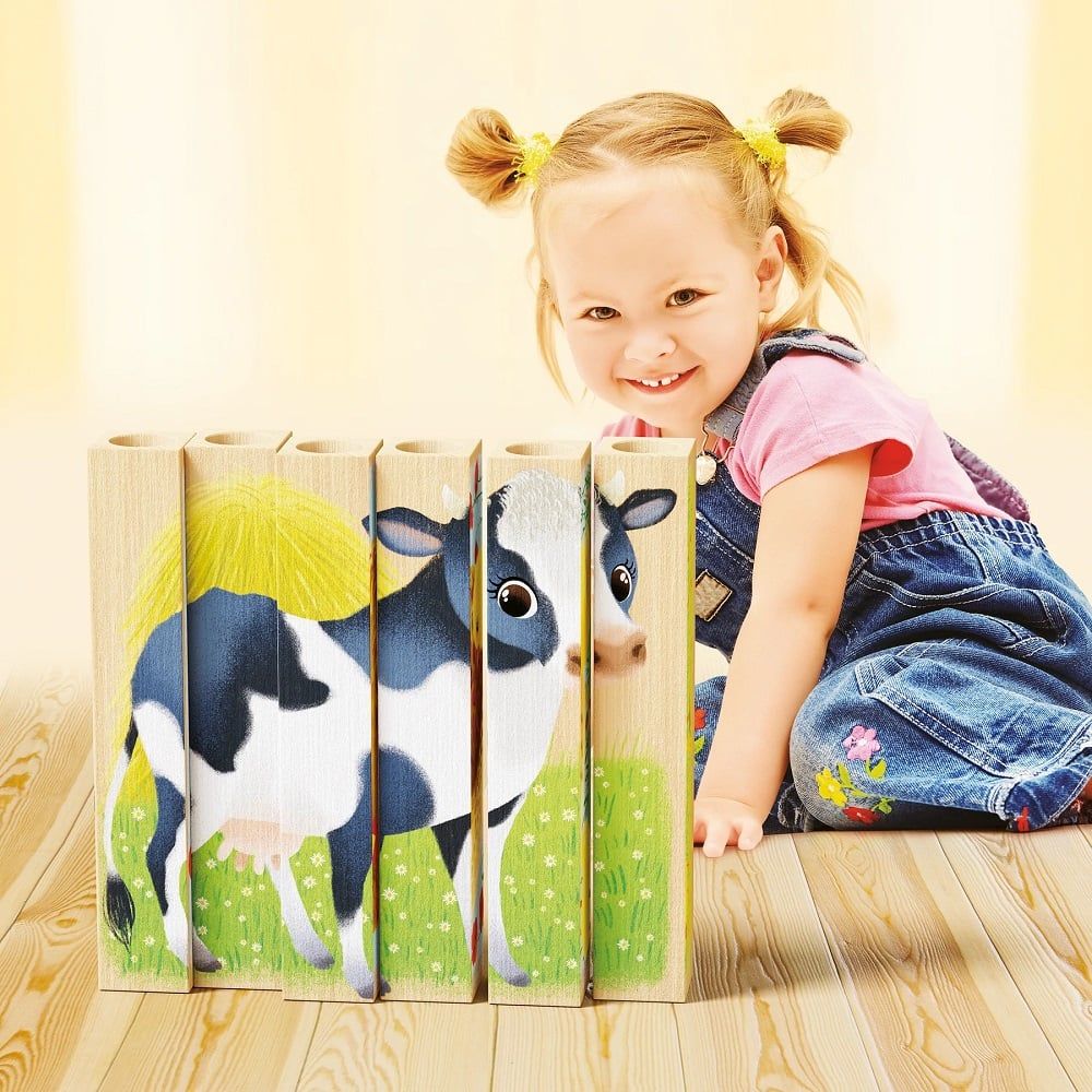 Puzzle din lemn 4 In 1, Quercetti, Animale Ferma, Play Bio, 6 piese