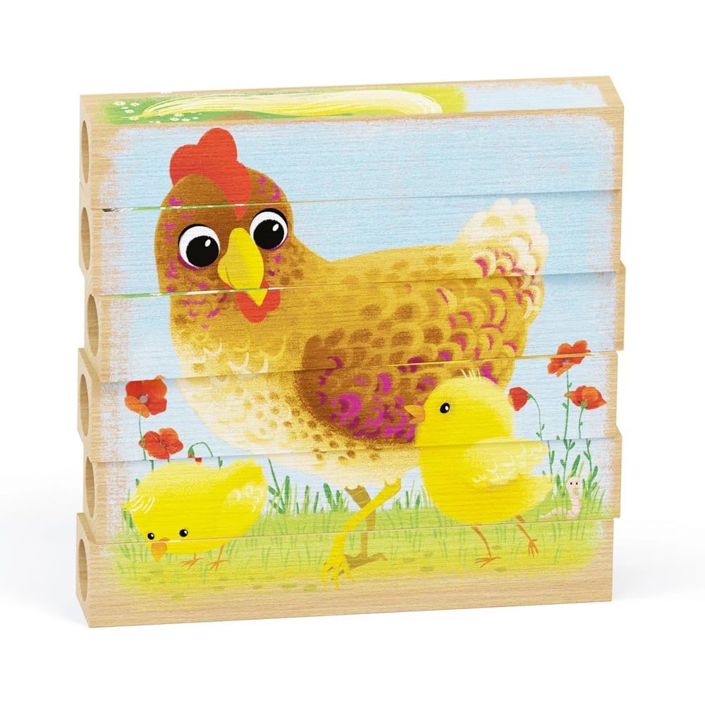 Puzzle din lemn 4 In 1, Quercetti, Animale Ferma, Play Bio, 6 piese