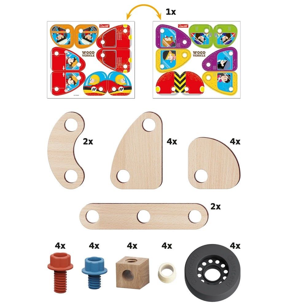 Set constructie, Quercetti, Vehicule din lemn, Play Bio, 32 piese