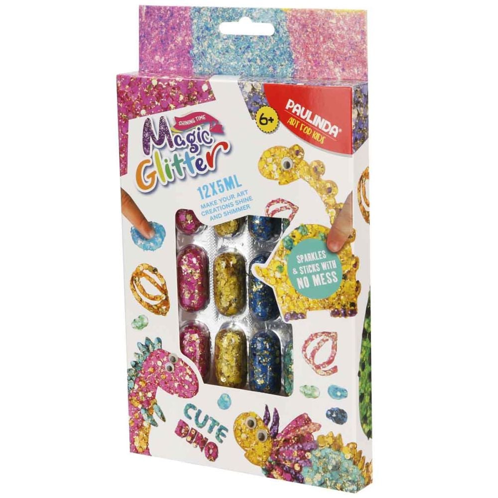 Set de creatie cu sclipici Paulinda, Magic Glitter, Cute Dino, 12 x 5 ml