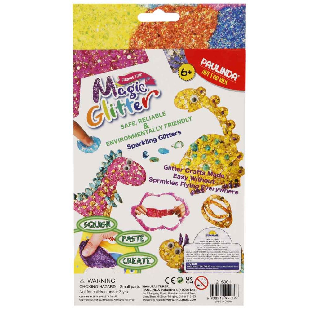 Set de creatie cu sclipici Paulinda, Magic Glitter, Cute Dino, 12 x 5 ml