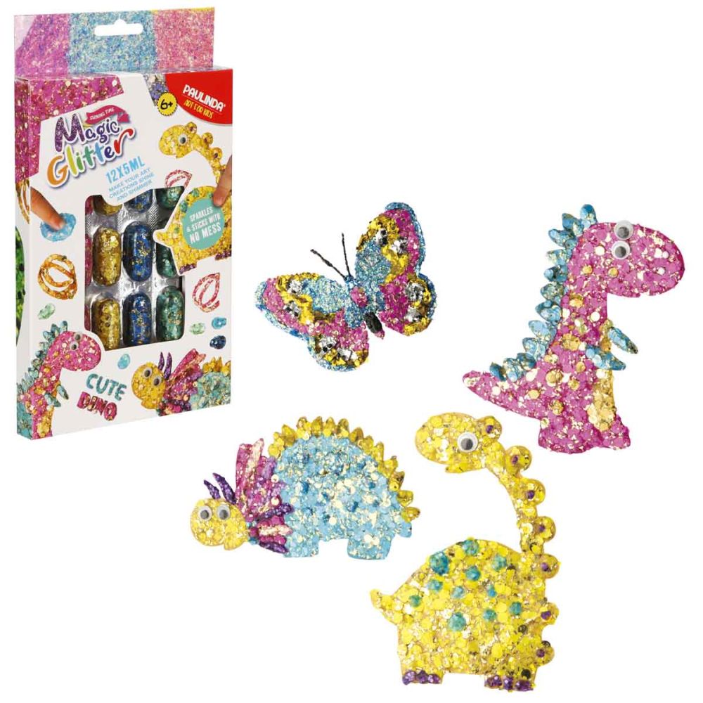 Set de creatie cu sclipici Paulinda, Magic Glitter, Cute Dino, 12 x 5 ml