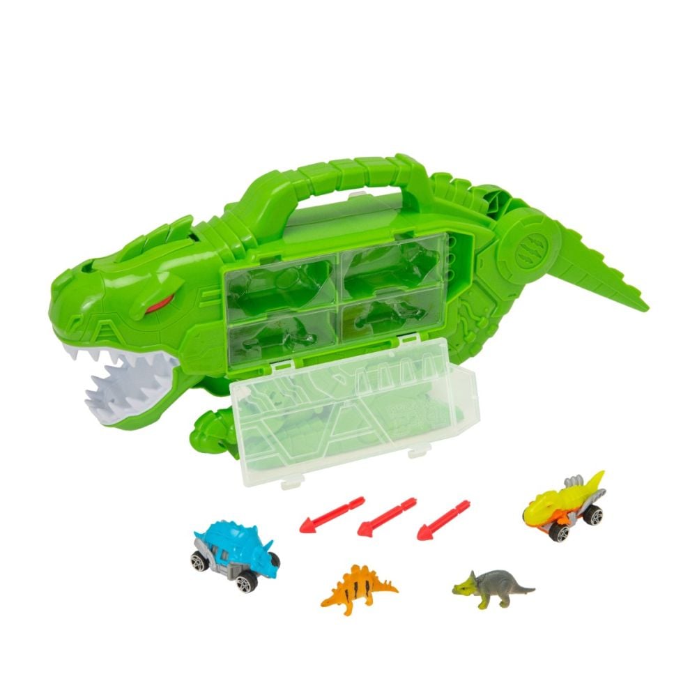 Transportator in forma de dinozaur cu vehicule si figurine, Teamsterz, Dino Destroyer