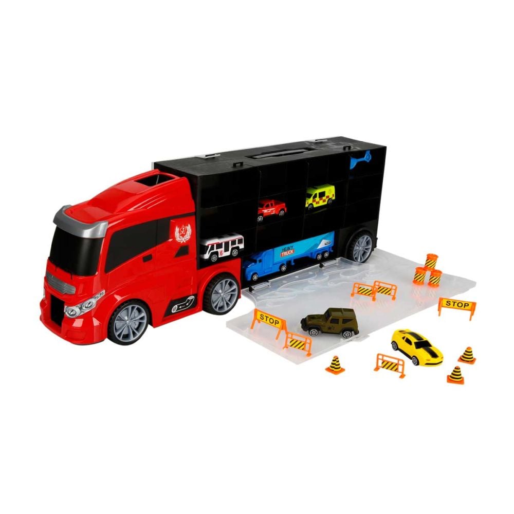 Transportator cu 7 masini si 12 semne circulatie, Maxx Wheels, Rosu, 60 cm