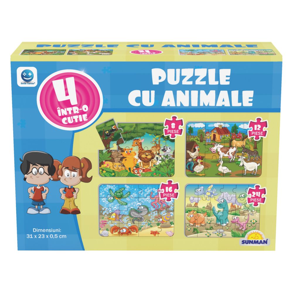 Puzzle 4 in 1, Smile Games, Animale (8, 12, 16, 24 piese)