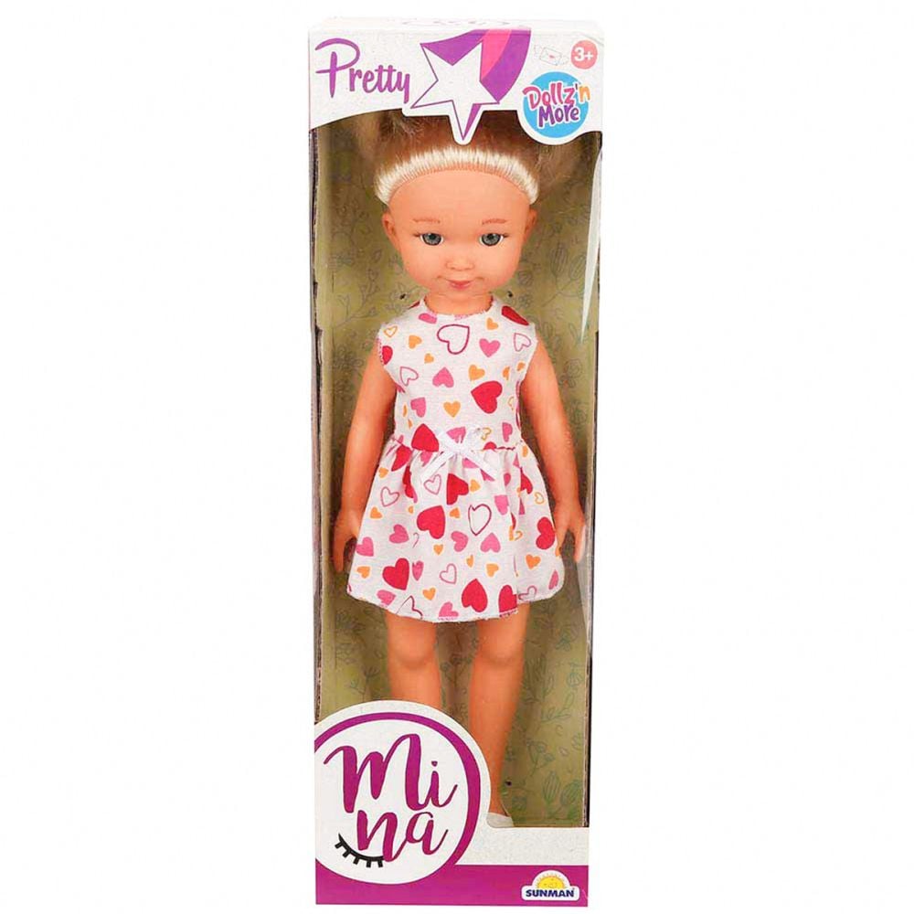 Papusa Pretty Mina in rochita roz cu inimioare, Dollz n More, 35 cm