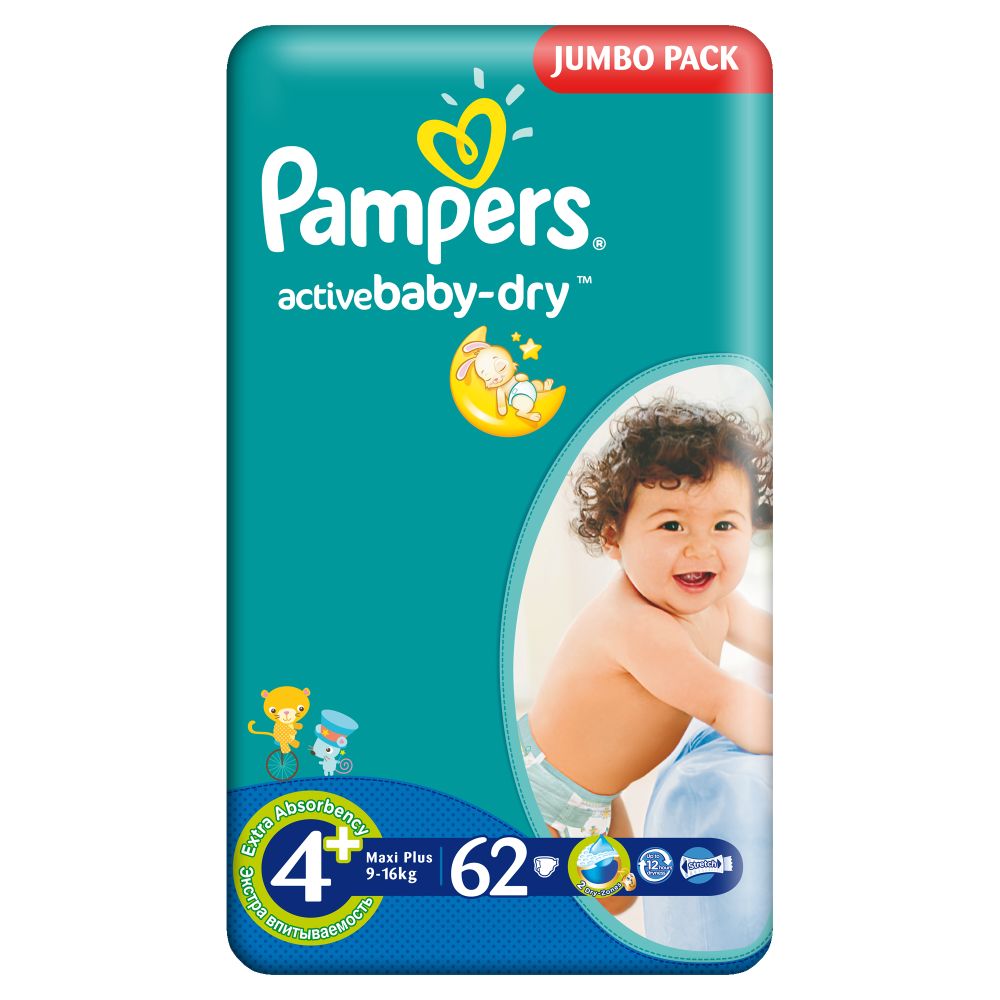 Scutece Pampers Active Baby-Dry 4 Maxi Plus, 62 buc, 9 - 16 kg