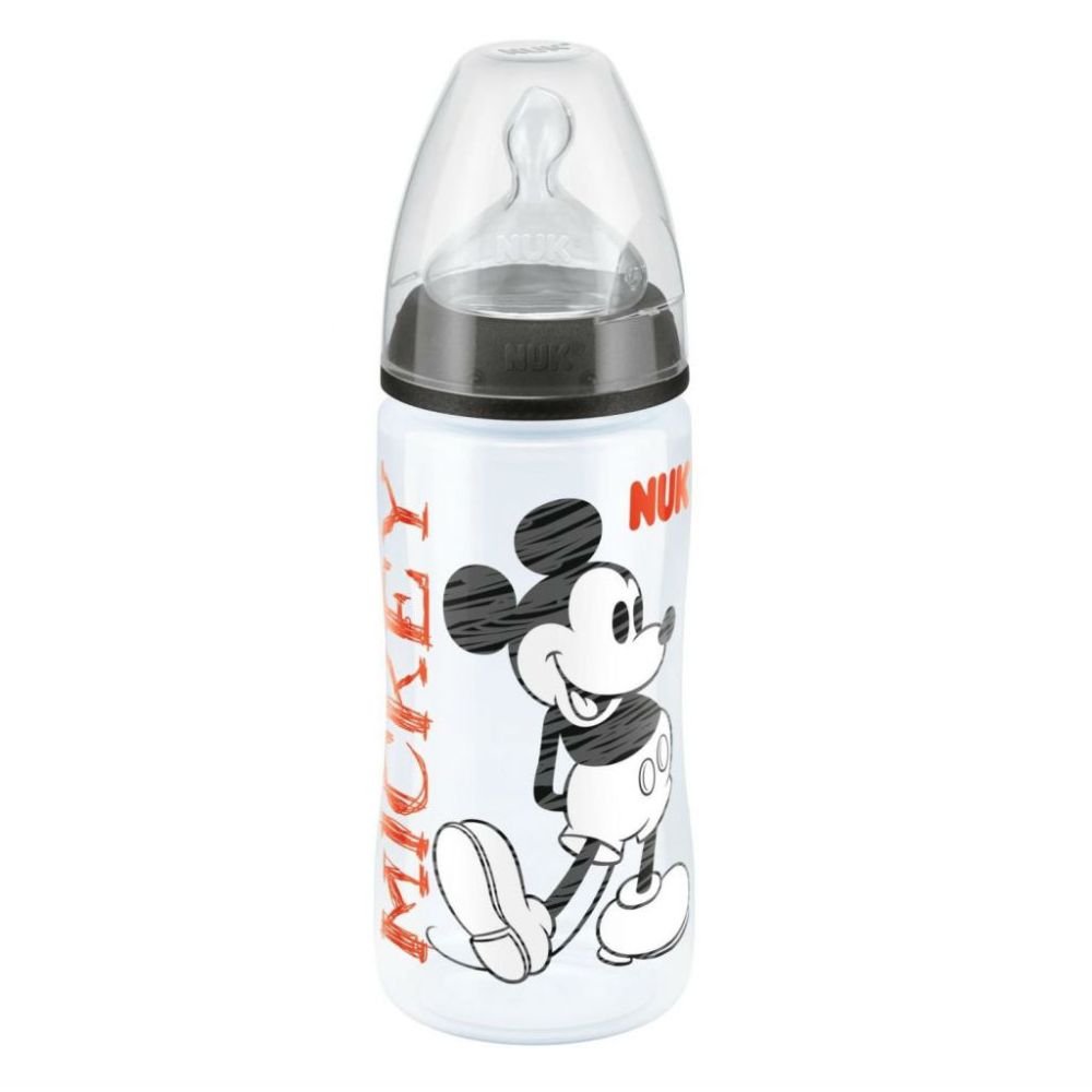 Set biberon NUK Disney Mickey Mouse 300 ml + tetina silicon orificiu mediu, 6 luni+, negru