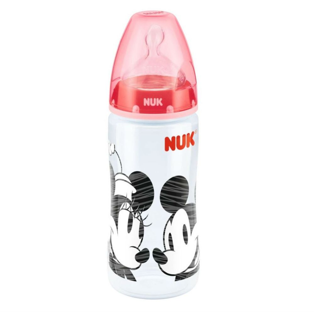 Set biberon NUK Disney Mickey Mouse 300 ml + tetina silicon orificiu mediu, 6 luni+, rosu
