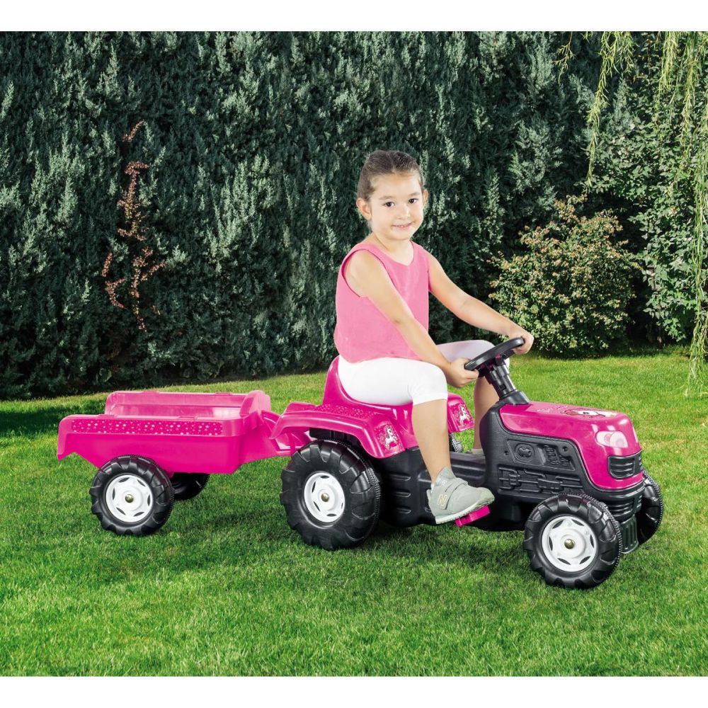 Tractor cu pedale si remorca, Dolu, Unicorn, Roz