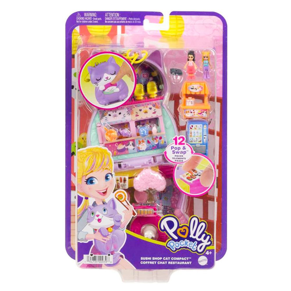 Set de joaca cu 2 papusi si 12 accesorii Polly Pocket Sushi Shop Cat, HCG21