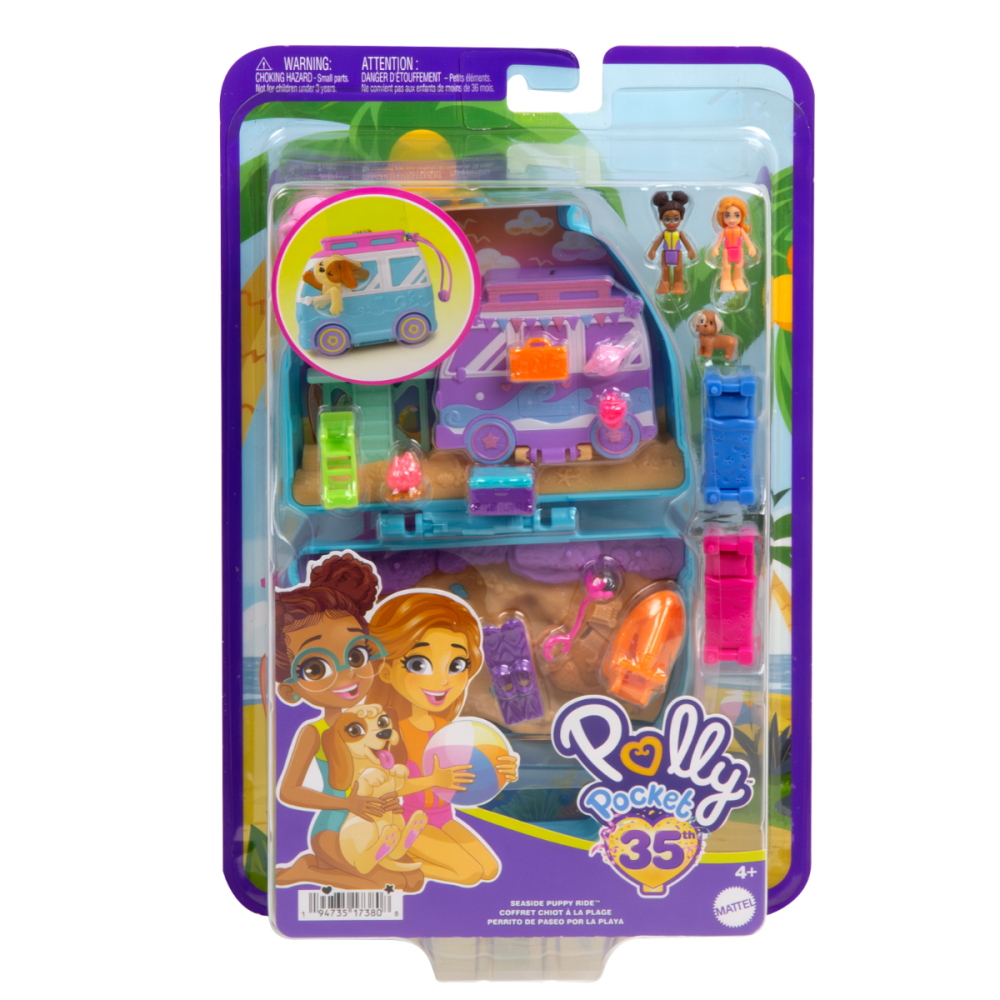 Set de joaca cu 2 papusi si 12 accesorii Polly Pocket, Seaside Puppy Ride, HRD36