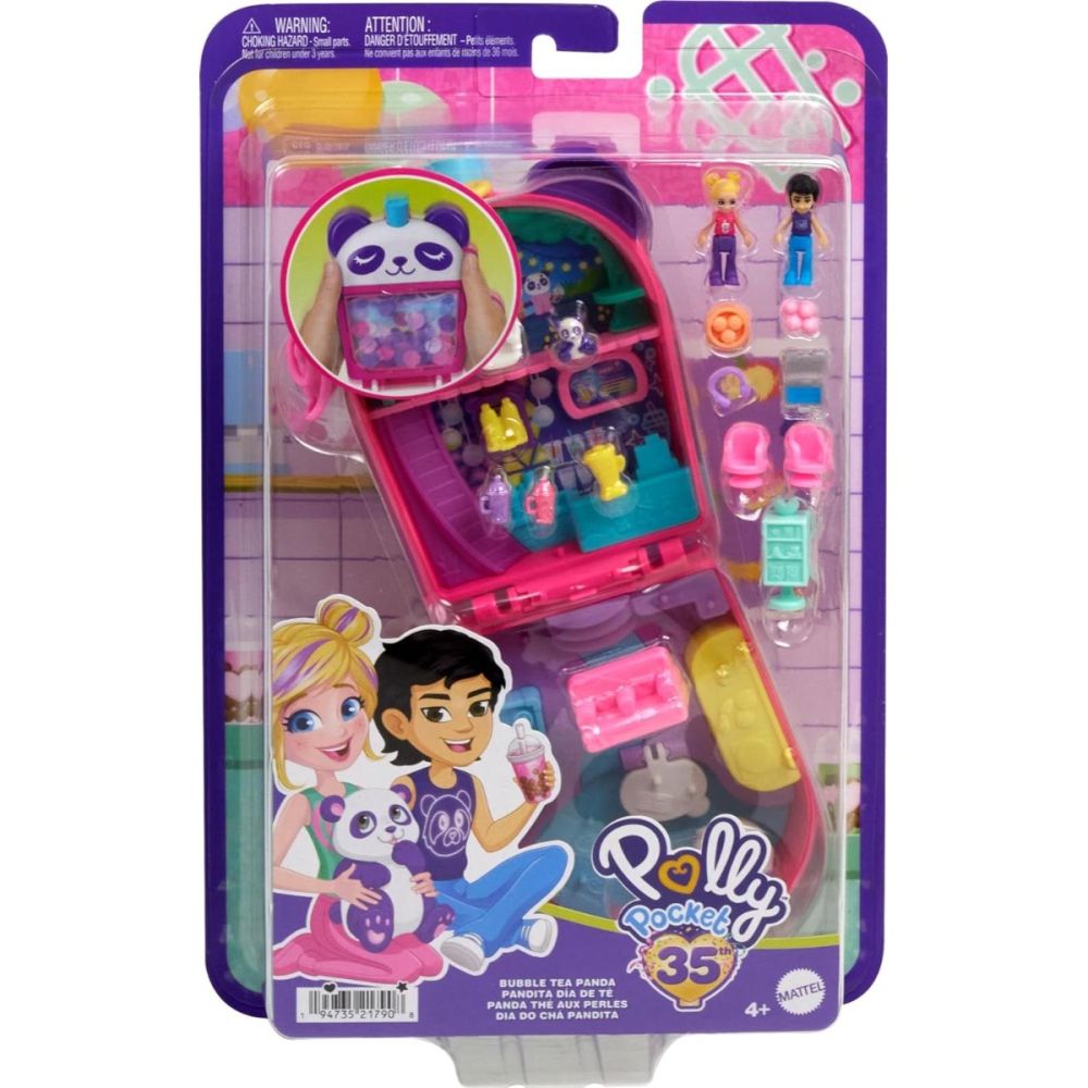 Set de joaca cu 2 papusi si 12 accesorii Polly Pocket, Bubble Tea Panda, HWN95