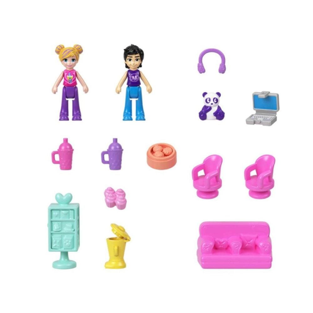 Set de joaca cu 2 papusi si 12 accesorii Polly Pocket, Bubble Tea Panda, HWN95