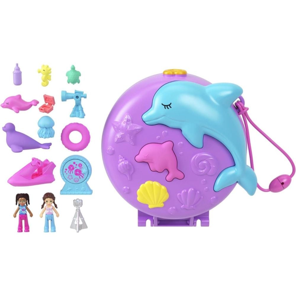 Set de joaca cu 2 papusi si 12 accesorii Polly Pocket, Dolphin Rescue and Play, HWN96