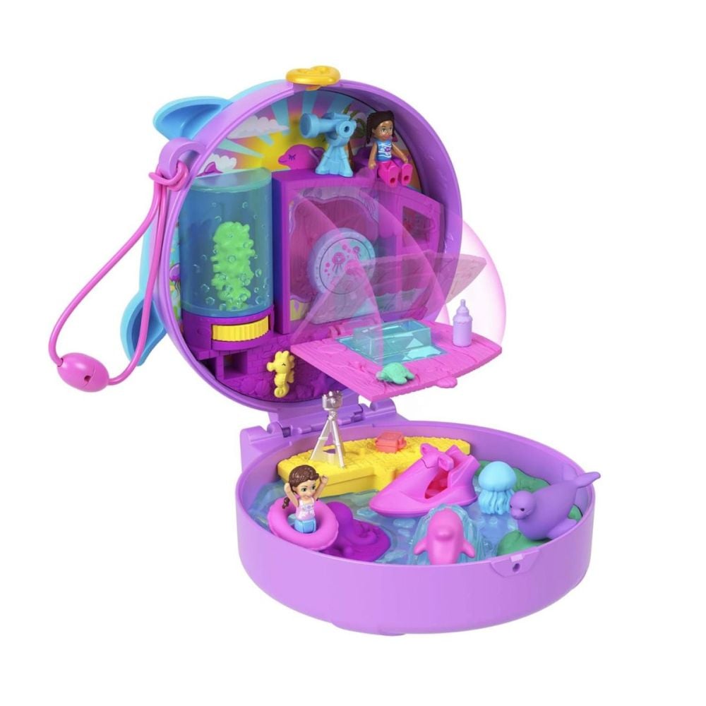 Set de joaca cu 2 papusi si 12 accesorii Polly Pocket, Dolphin Rescue and Play, HWN96