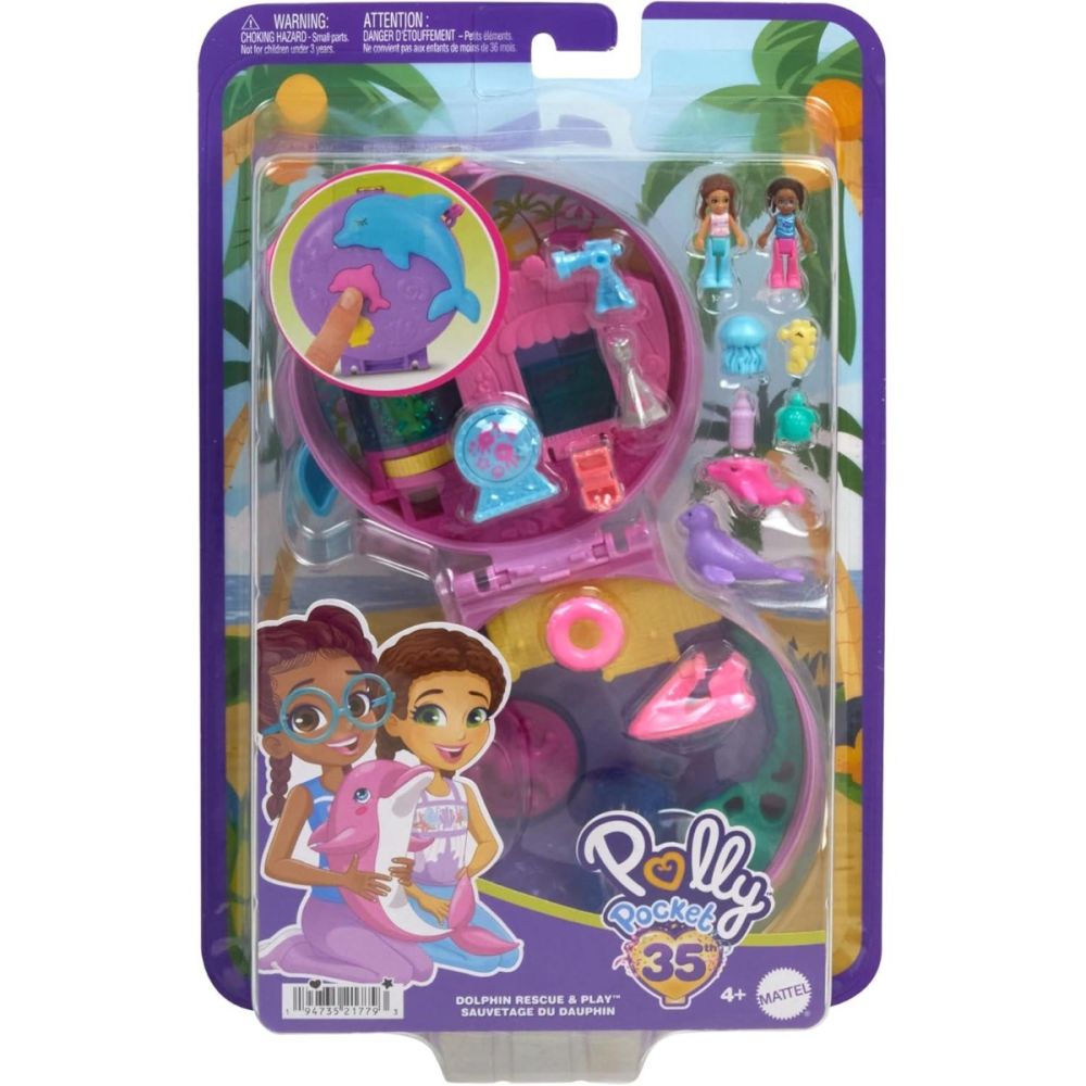 Set de joaca cu 2 papusi si 12 accesorii Polly Pocket, Dolphin Rescue and Play, HWN96
