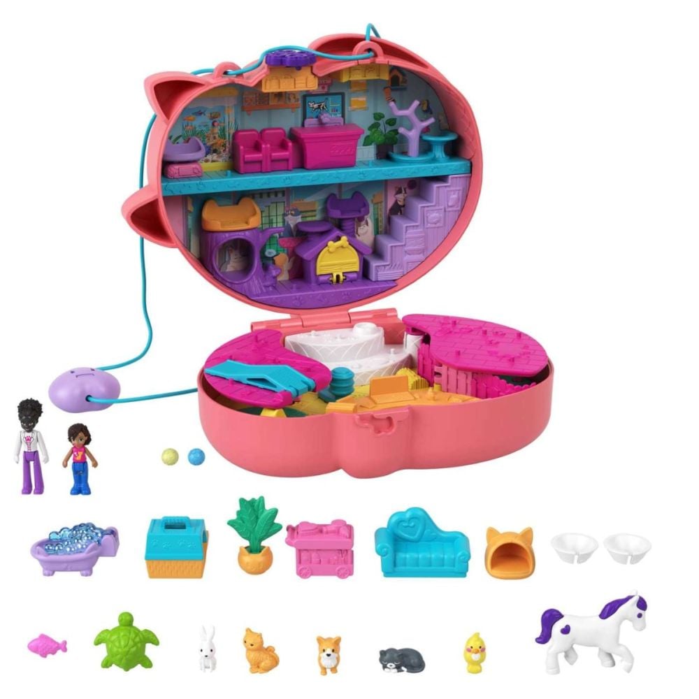 Set de joaca cu 2 papusi si accesorii in gentuta, Polly Pocket, Starring Shani Cuddly Cat, HGT16