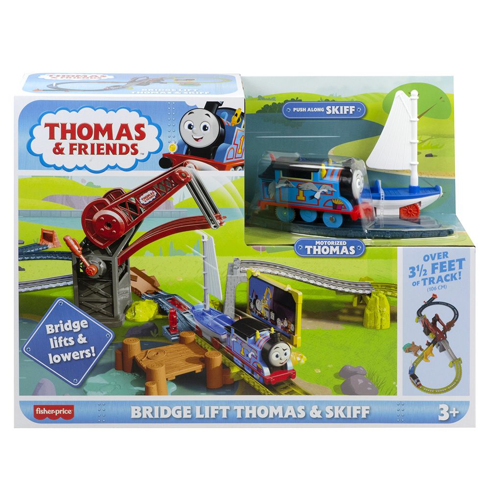Set de joaca, Locomotiva motorizata pe sine cu pod, Thomas and Friends, Thomas si Skiff, HGX65