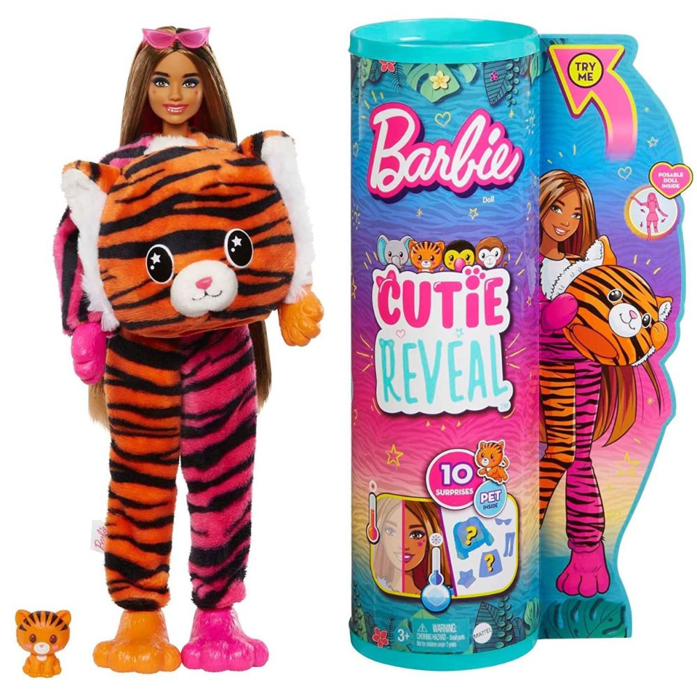 Papusa Barbie, Seria Jungle, Cutie Reveal, Tiger, 10 surprize, HKP99